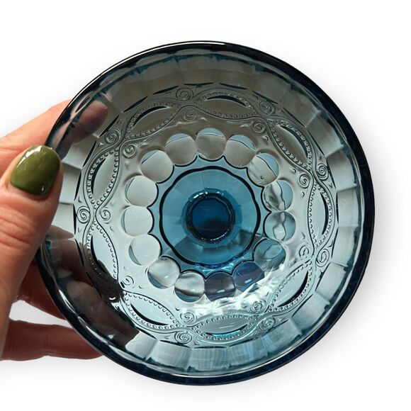 Vintage Embossed Blue Glass Pedestal Dessert, Ice Cream, Candy Dish - Picture 6 of 10